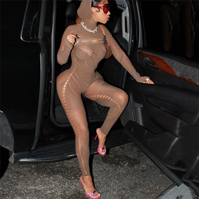 

Echoine Hooded Jumpsuit For Women 2023 Spring Female Elegant Sexy Hollow Out See Trougth Hooded Overalls Skinny Knitted Ins