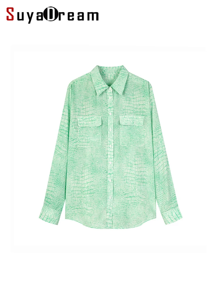 SuyaDream Woman Printed Shirts, 100%Silk Crepe, Chest pockets, Green Blouses, 2024 Spring Summer Office Lady Top