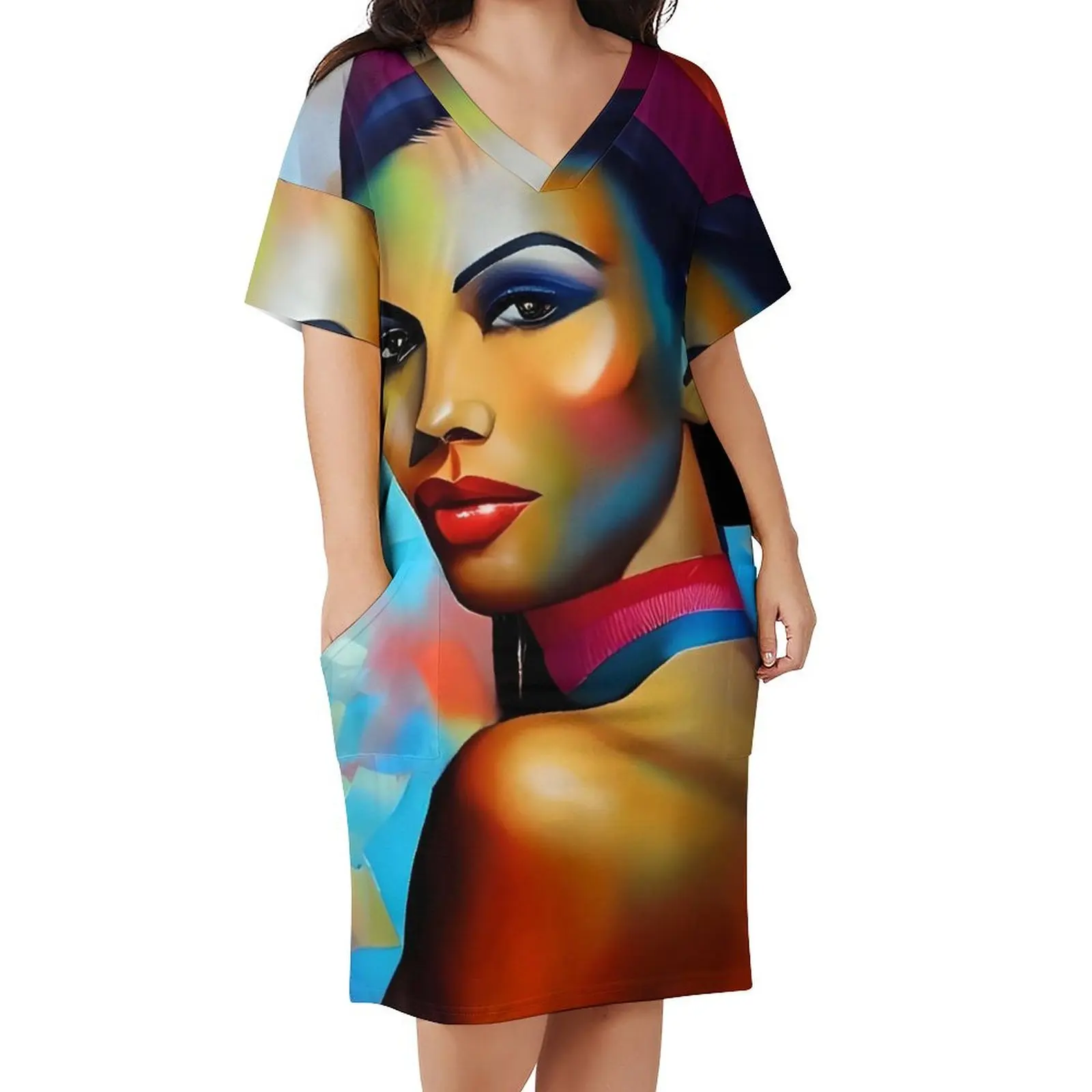 

Lady Face Board Print Dress V Neck Abstract Art Sexy Dresses Female Aesthetic Custom Casual Dress With Pockets Big Size 5XL