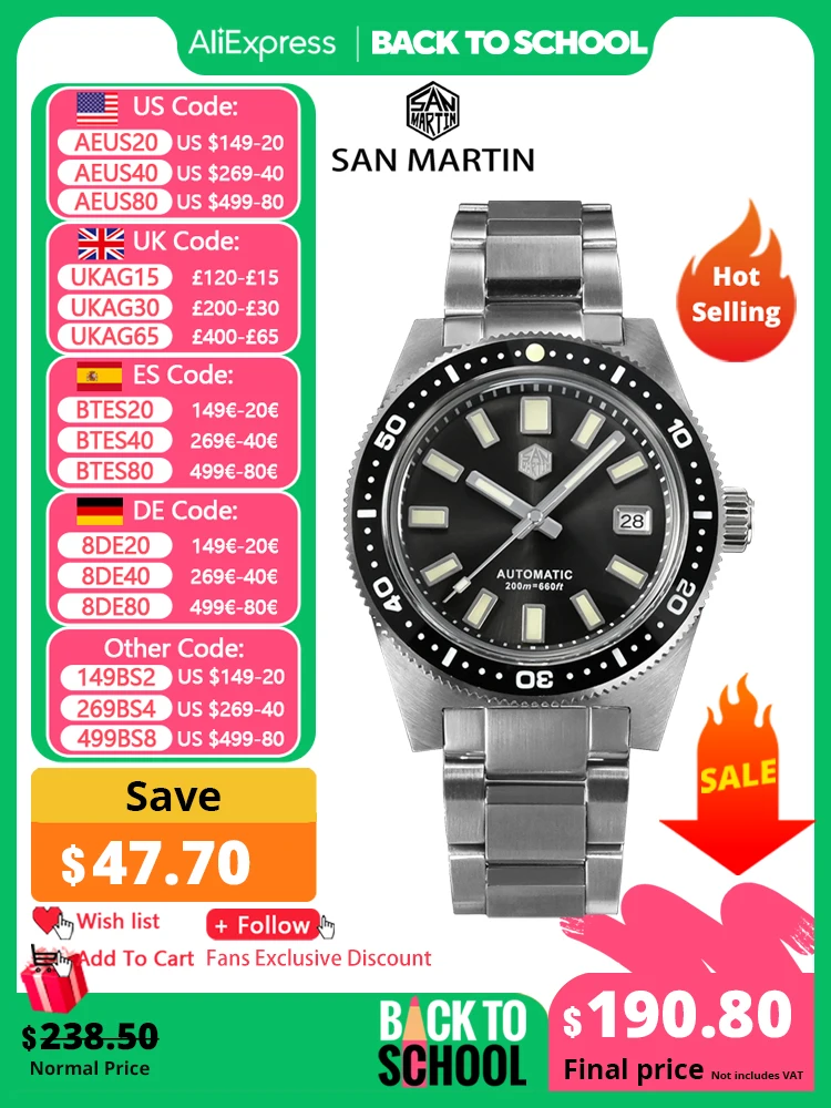 San Martin 41mm 62mas V4 Diver Mens Watch NH35 Automatic Mechanical Watches Sapphire Glass Date Window 200m Waterproof Luminous mechanical watch diver watch