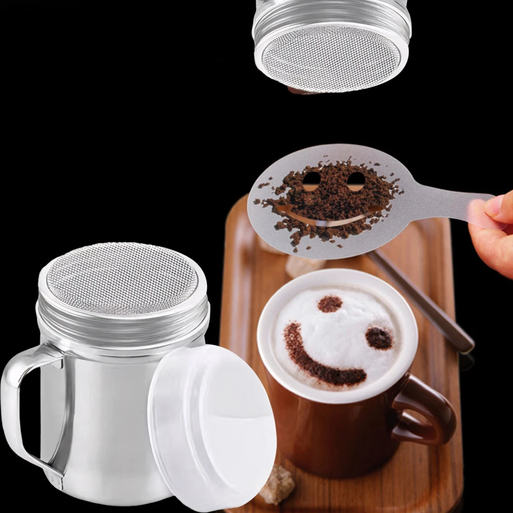 Steel Chocolate Sugar Shaker Cocoa Flour Coffee Sifter With Handle Coffee Stencils Template Strew Pad Duster Spray Cafe Accessor