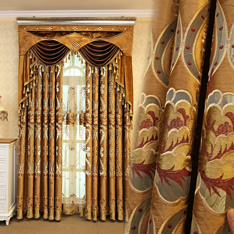 

Custom curtain European embroidery living room simple modern court gold coffee cloth blackout curtain tulle valance drape C1419