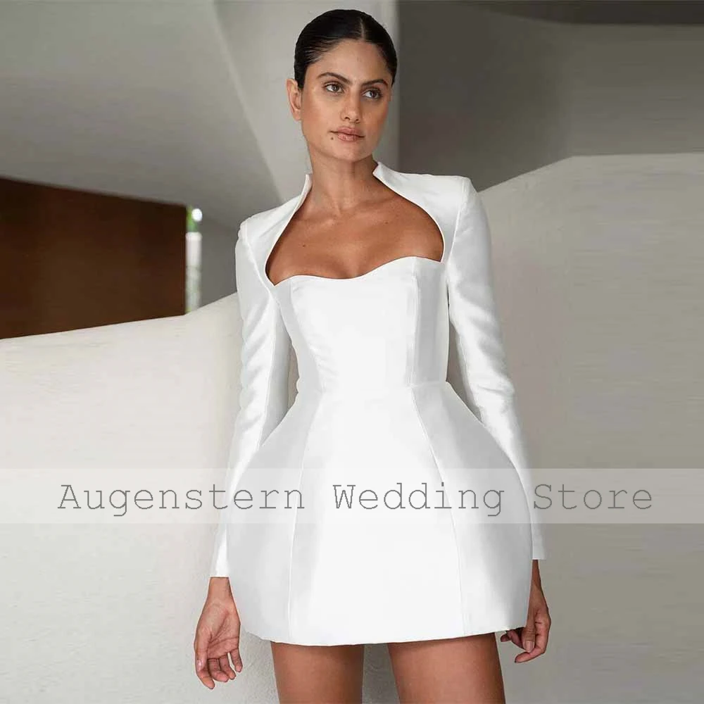 Customized Simple Bride Gowns Mini Satin A-line Women's Wedding Party Dresses White Button Long Sleeve Civil Wedding Dress Short