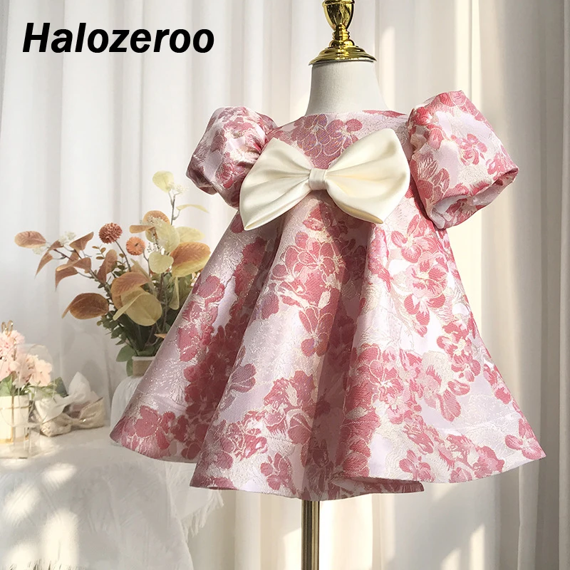 

New 2023 Baby Girls Bow Princess Vintage Dress Tulle Children Vestido Kids Wedding Party Birthday Tutu Dress Puff Sleeve Clother