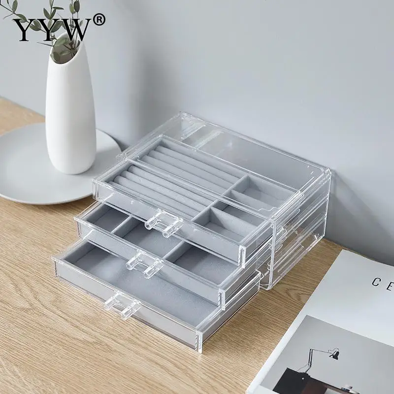 YYW Acrylic Jewelry Organizer Boxes Velvet Three-Layer Storage Box Earring Rings Necklace Large Space Jewellery Case Holder Gift