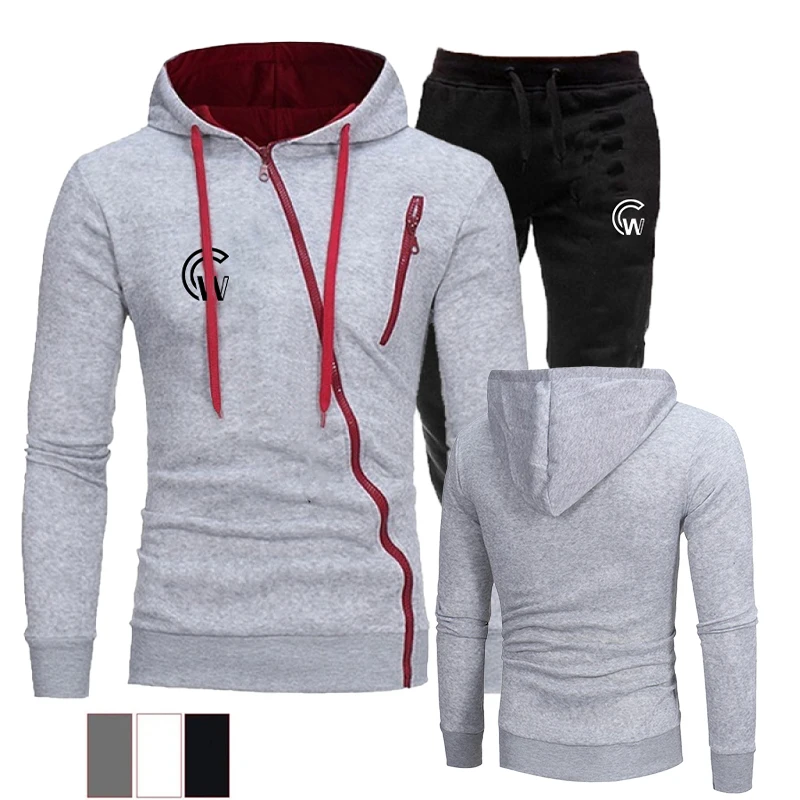 High quality and fashionable sportswear men's casual sportswear slanted zippered hoodie and pants two outdoor jogging suit sets