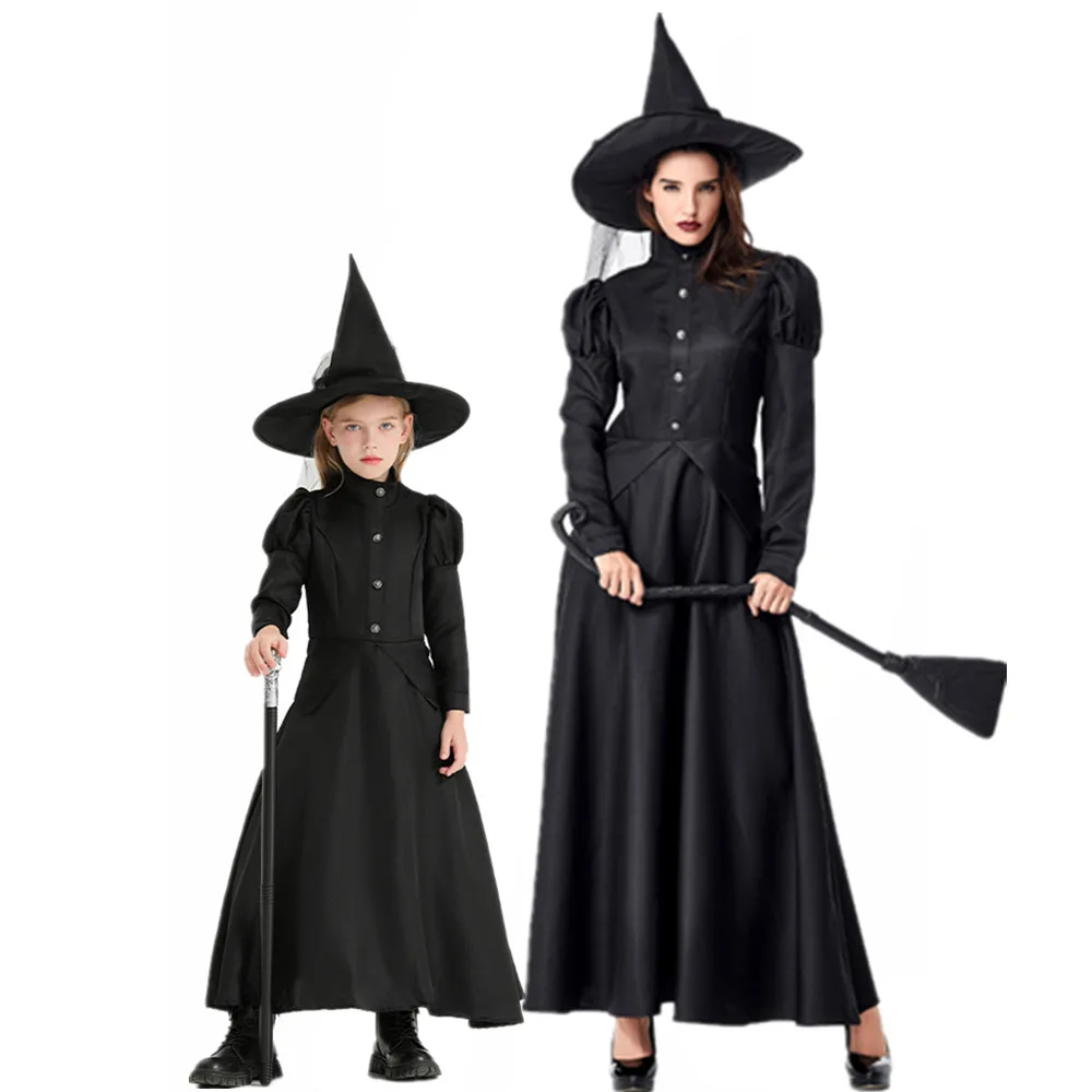 

Carnival Halloween Witch Costumes for Adult Kid Fantasy Black Witch Dress UP Party Dress with Hat Parent-Child Performance Dress