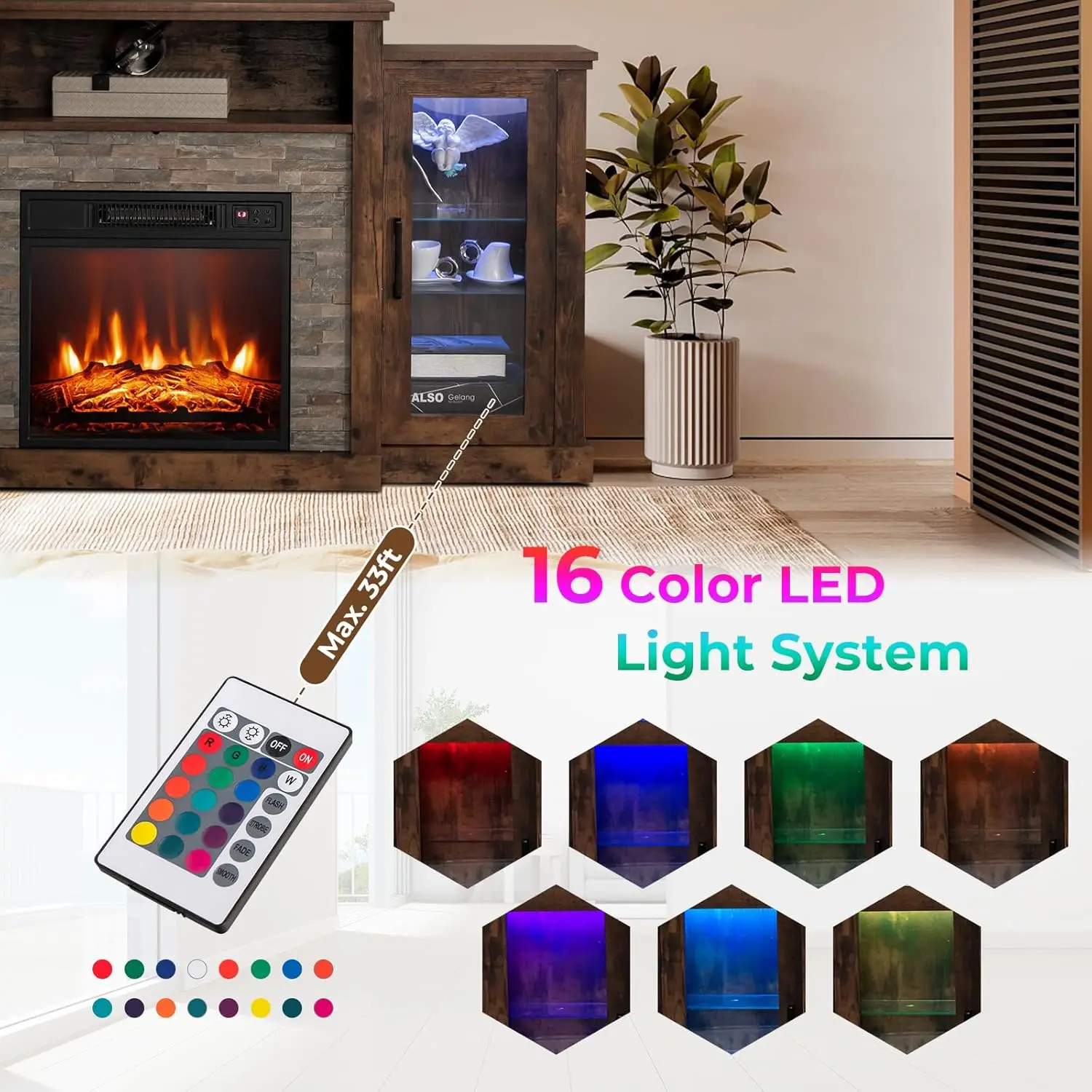 Electric Fireplace TV Stand for TVs Up to 65 Inches, 18-inch Fireplace Insert with APP Control, Remote Control, 16 Color Lights 3