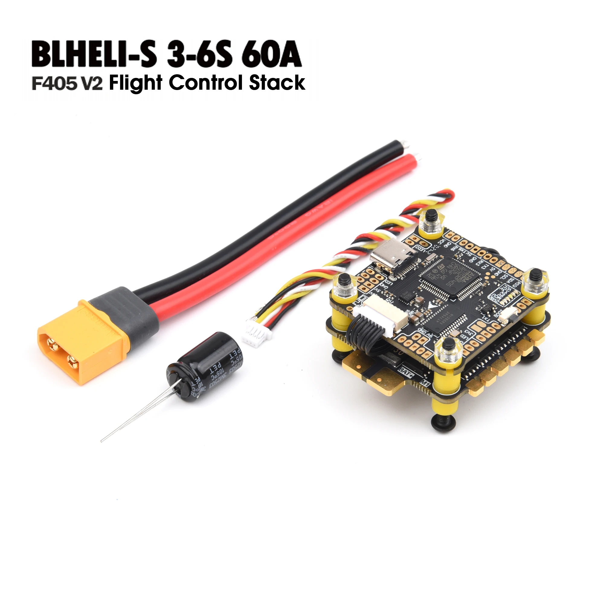 Contrôleur de vol F405 Betaflight monté sur un drone FPV, avec ses connecteurs et dissipateurs thermiques visibles.