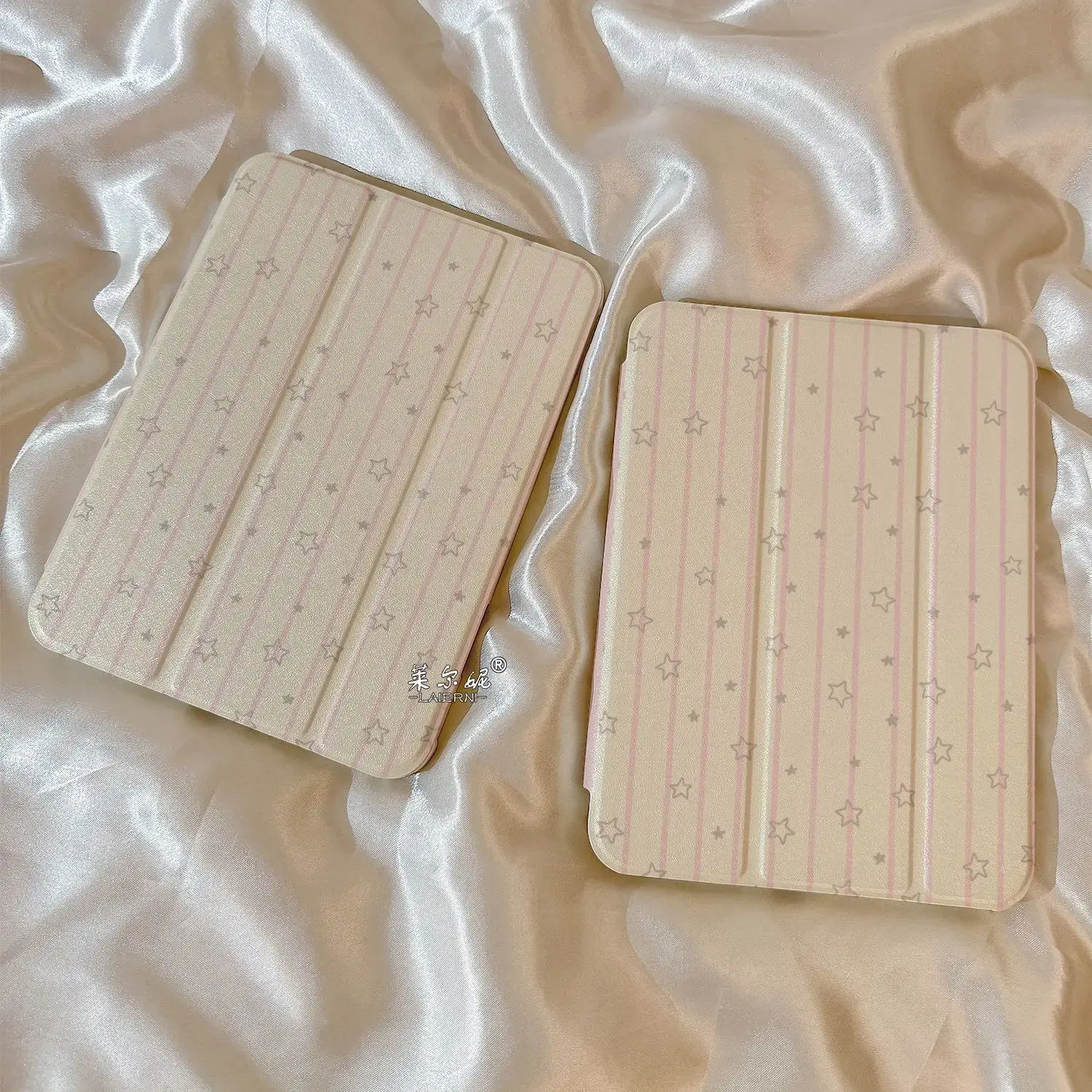Korean Stripes & Stars Mirror Design Anti-Bend Tri-Fold Tablet Case Cover