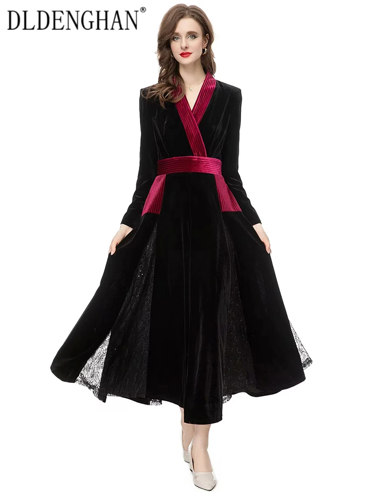 

Весеннее бархатное платье DLDENGHAN, женские винтажные платья с V-образным вырезом, длинными рукавами, карманами и кружевом в стиле пэчворк, модные дизайнерские новые