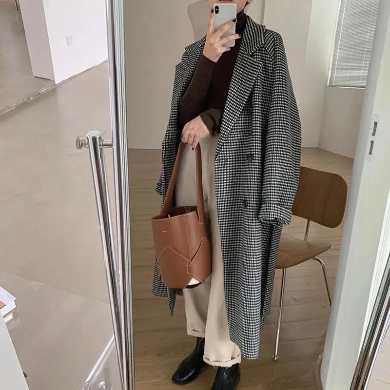 

MEXZT Plaid Midi Wool Blends Coat Women Vintage Quilted Jacket Korean Thick Long Outwear Elegant Cardigan Tweed Woolen Overcoat