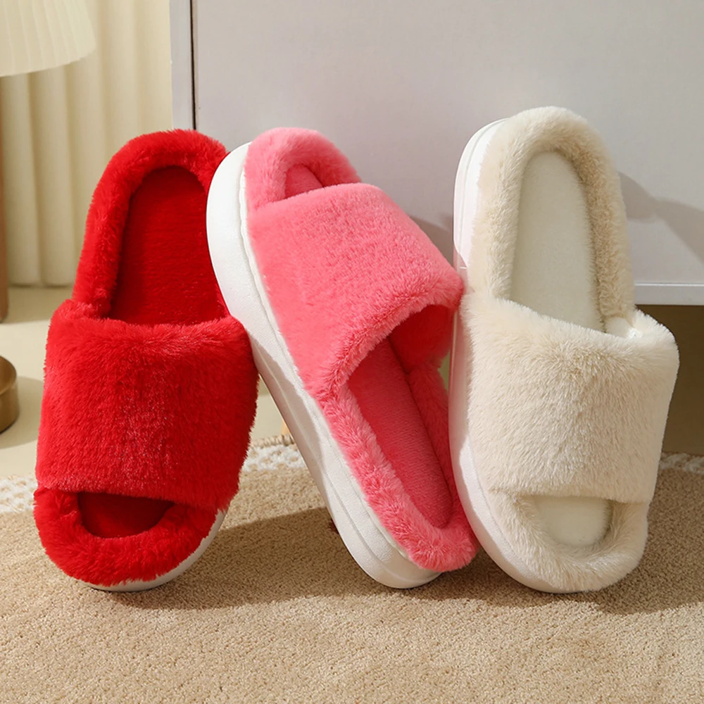 

2023 Fluffy Fur Furry Thick Platform Home Women Slippers Winter Warm Plush Slides Non-slip Flip Flops Indoor Floor Shoes qt887