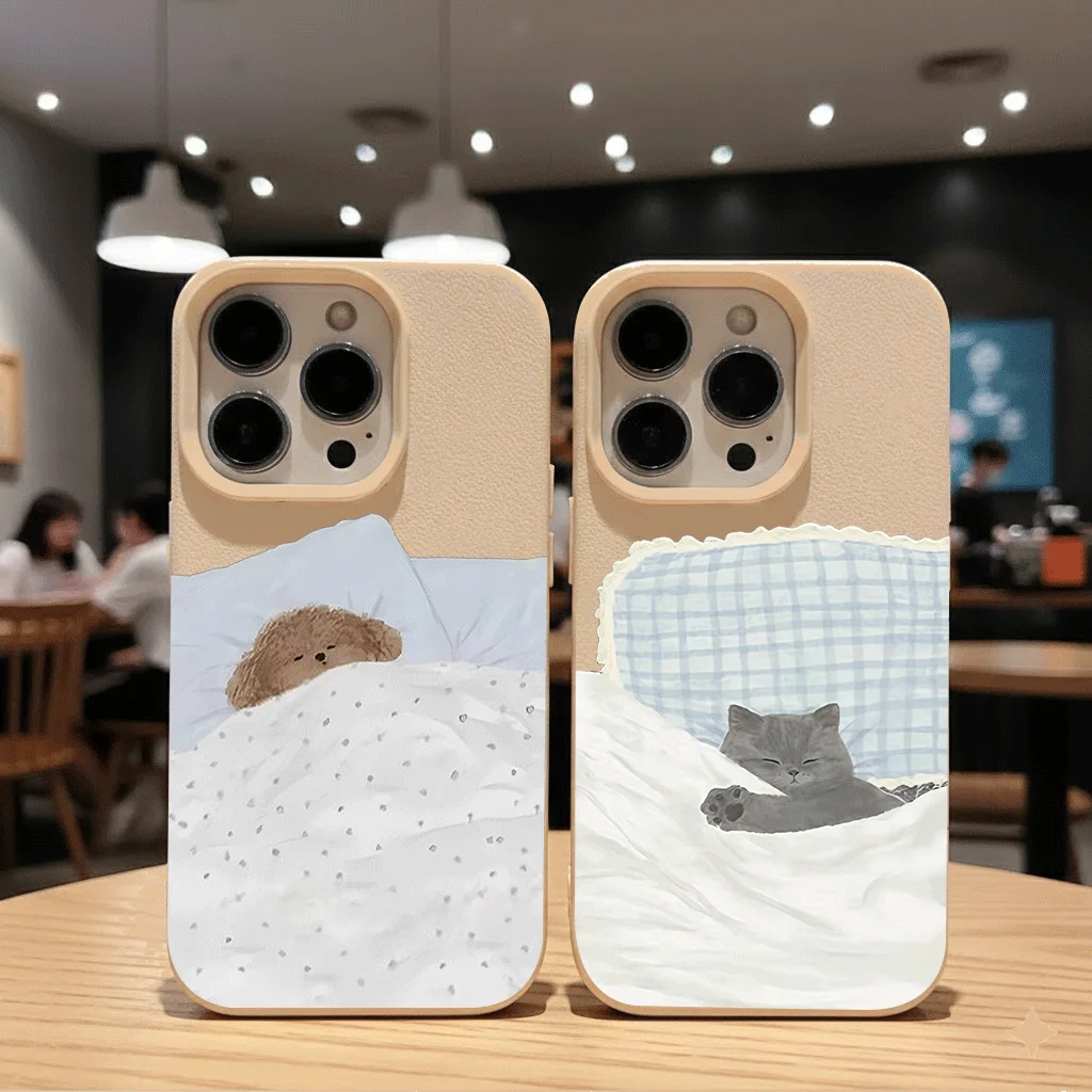 Adorable Pet Couple Shockproof TPU Phone Case with Lychee Texture and Anti-Slip Design