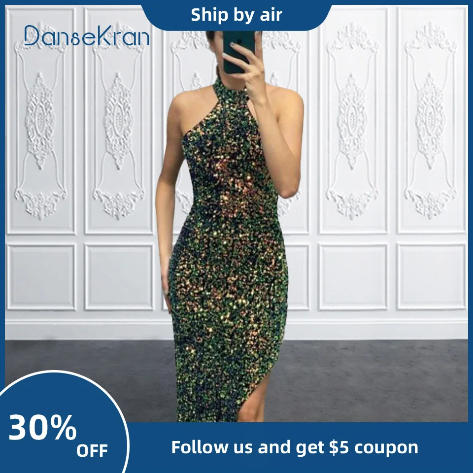 

Glitter Sequin Velvet Cocktail Dresses for Women 2023 Sparkly Halter Mermaid Short Prom Dress with Side Slit for Party