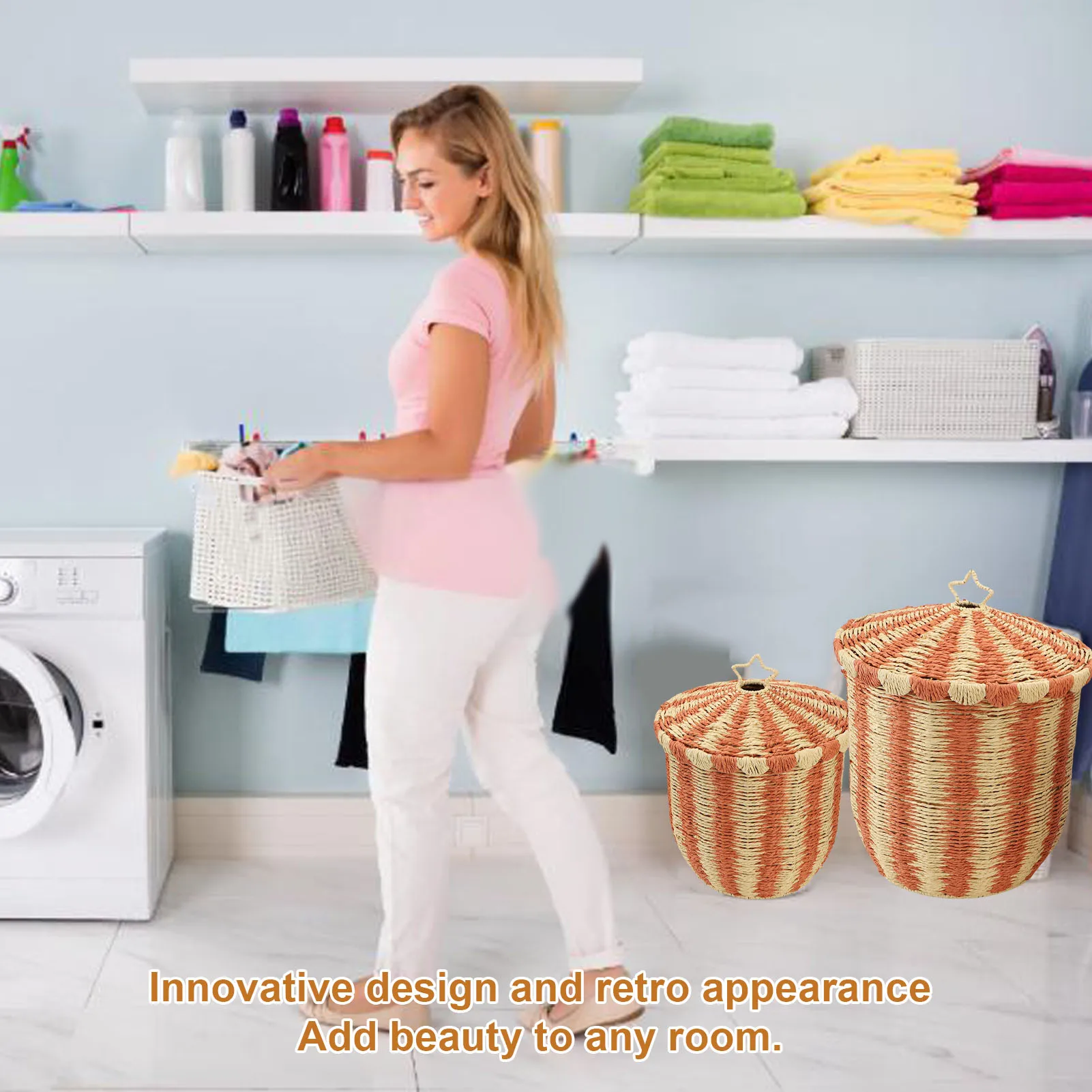 Woven Storage Basket with Lid Handwoven Long Lifespan Rattan Floor Basket Red Vintage Versatile for Clothes Blanket Toys Snack