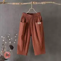 Women Summer Cropped Pants Mid-rise Elastic Waistband Wide Leg Pants Casual Solid Color Pockets Design Harem Trousers - Image 4