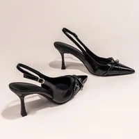 Fashionable Pointed Toe Shallow Mouth New High-heeled Shoes Summer Elegant Buckle Decorated Stiletto Black Women's Shoes NO:602 - Image 4