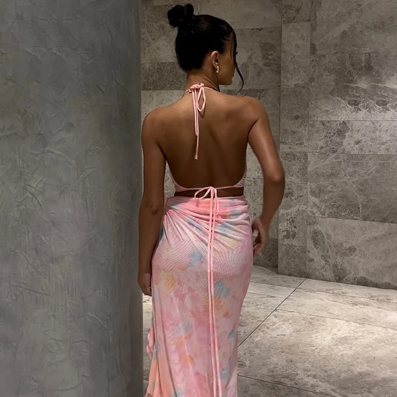 Sexy Printed Mesh Long Dress Women Lace-Up Floral Backless Hollow Out Ruffled Fashion Bandage Dress Women's Dress Summer