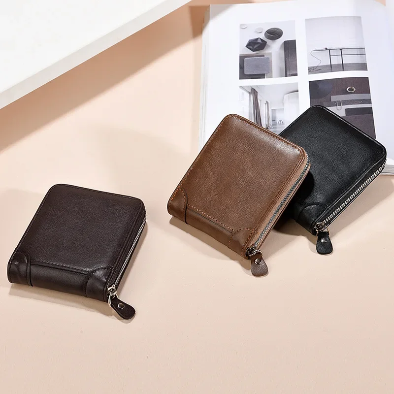 Men's Wallet RFID Blocking Short Zipper Cardholder Multifunction PU Leather Clip Money Organizer Horizontal Business Card Case