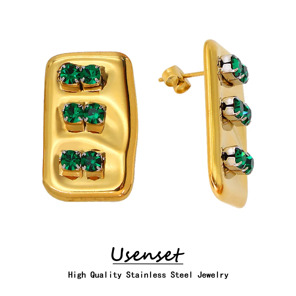 

USENSET Unique Polished Square Stainless Steel Earrings Charm Bling CZ Inlaid Exaggerated Gold Color Ear Stud Girl's Gift