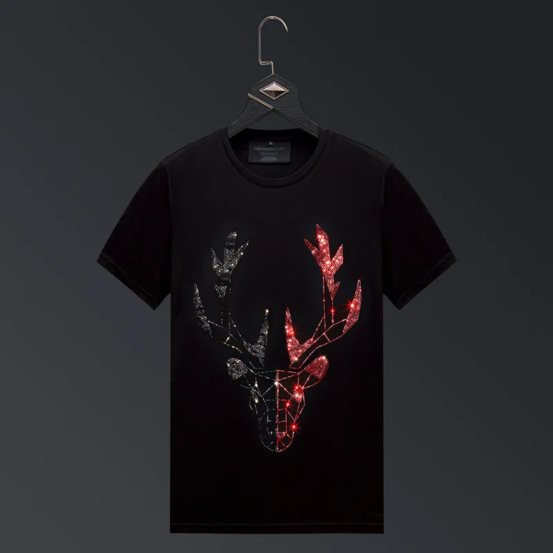 

Plus Size 2023 Deer Rhinestones T Shirts Men Clothing Short Sleeve Summer Streetwear O Neck Slim Tshirts Camiseta Fashion Hombre