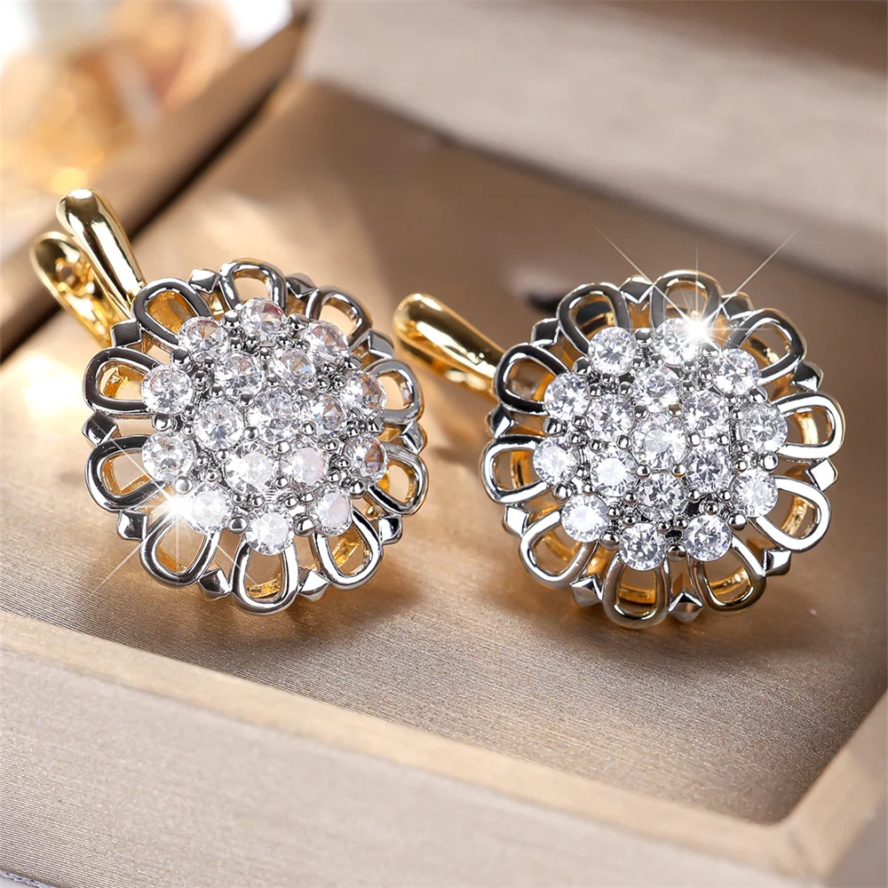 Vintage Hollow Flower White Zircon Hoop Earrings For Women Antique Gold Silver Color Ear Buckle Wedding Jewelry Versatile Gifts
