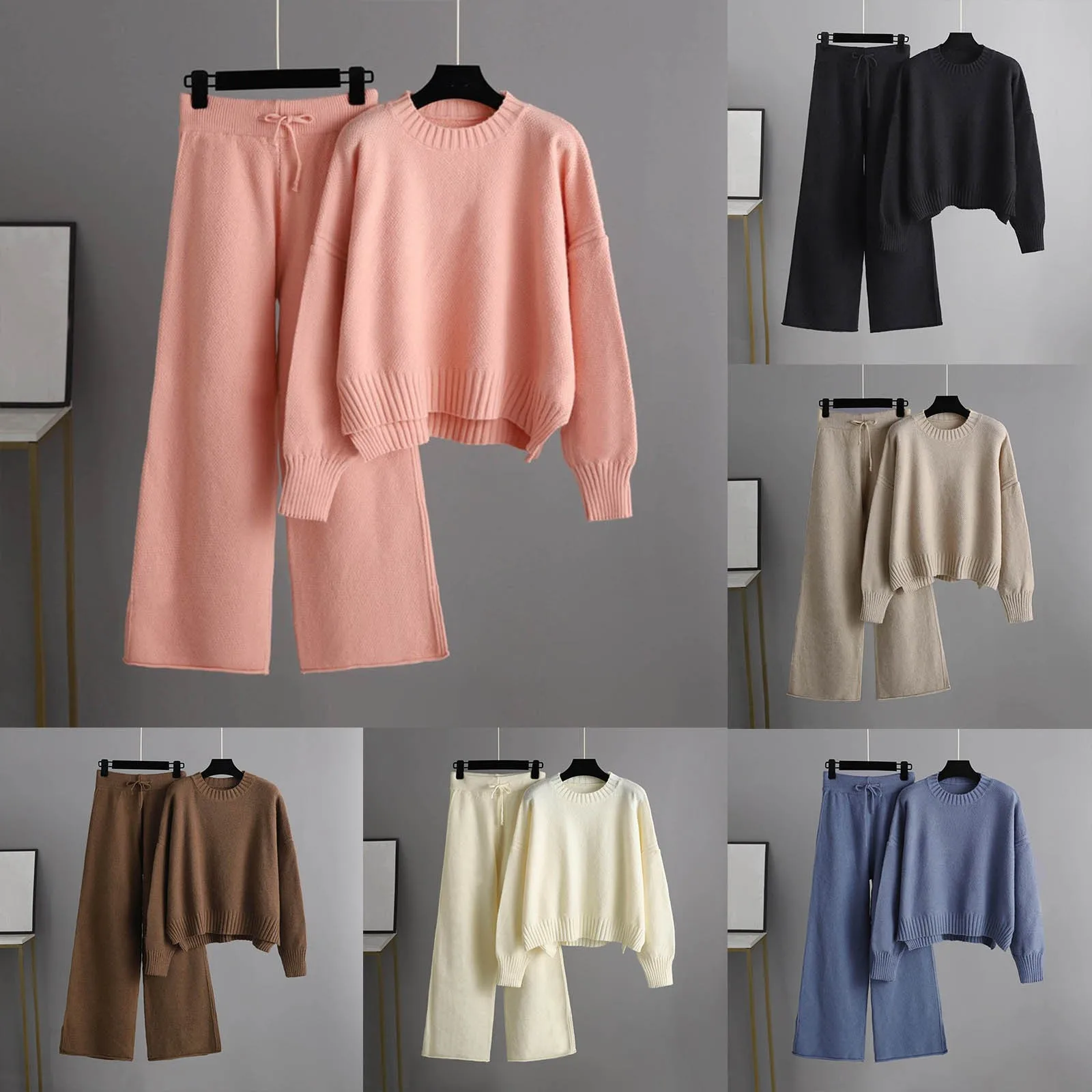 Knitwear Sets for Women Thick-Knit 2 Piece Set Long Sleeve Round Neck Tops Elastic Waist Palazzo Pants Fall Winter Outfits 1