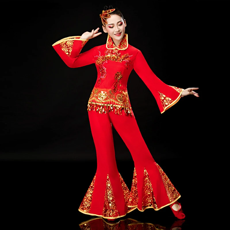 

Fan Dance Ancient Chinese Costume Waist Drum Dance Wear Adult Square Dance Performance Suit Red National Yangko Clothing