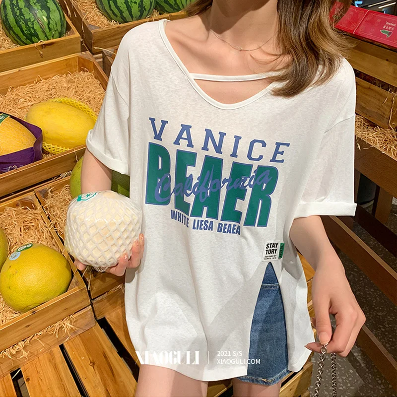 

Women letter print Side split T-shirts Summer pure Cotton Basic Short-sleeved T-shirt white Casual oversized streetwear y2k Tops