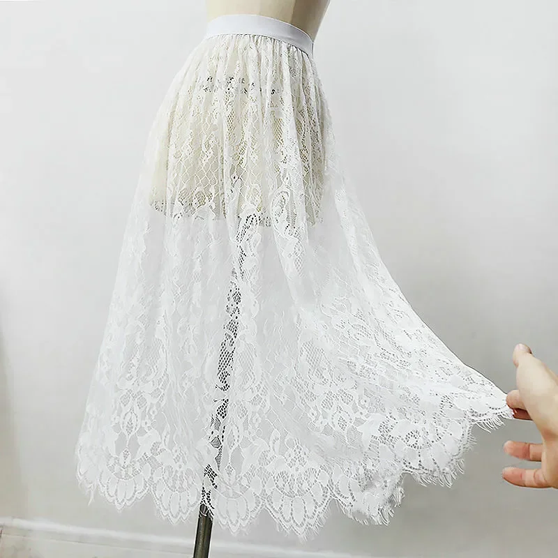 Women Sexy Mesh Lace Transparent Long Tulle Skirt Korean Fashion Summer Ladies Elastic High Waist Black White Beach Midi Skirt 2