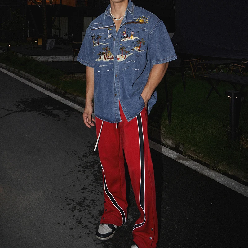 Casual Short Sleeve Denim Shirts for Mens Spring Summer Stylish Embroidery Denim Tops Men Vintage Button Turn-down Collar Shirt denim shirt