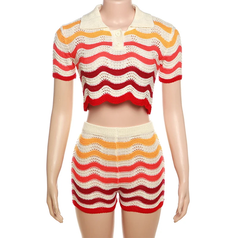 Women Wave Print 2 Piece Set Colorful Knit Stretch Thin Button Crop Tops+Shorts Matching Tracksuit Streetwear Outfits 5