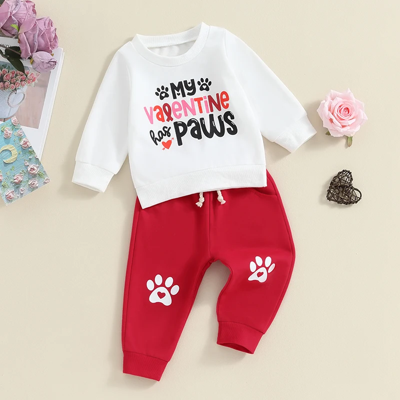 

Toddler Baby Boy Girl Valentines Day Outfit Love Letter Print Sweatshirt Long Sleeve Pullover Top Jogger Pants Set