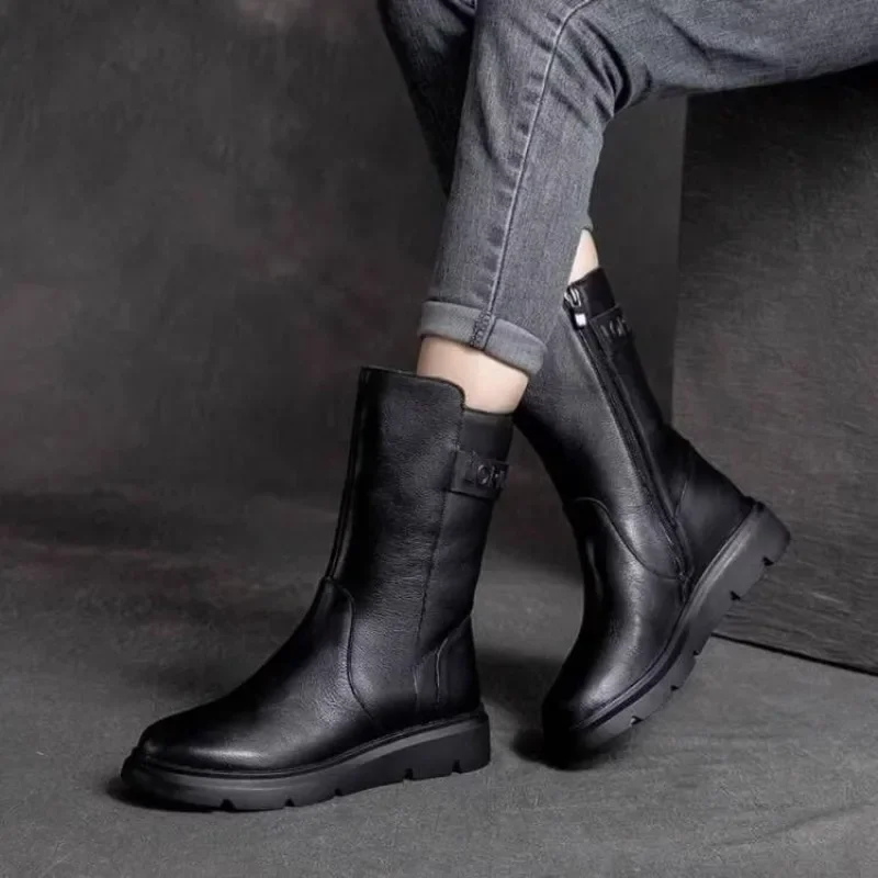 2025 New Women's Boots Biker Shoes for Women Zipper Leather Ankle