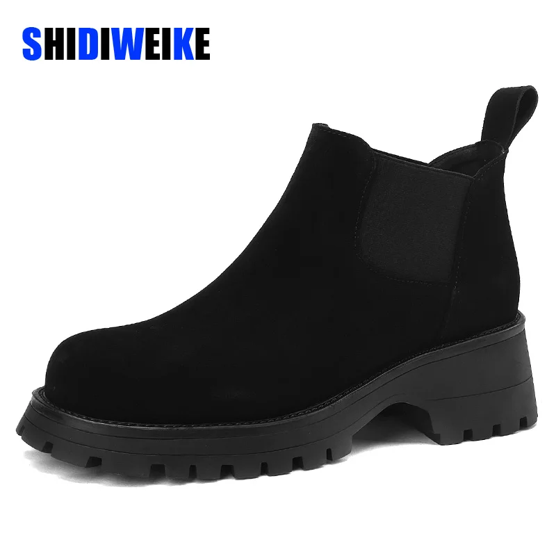 

SDWK 5.5cm Full Cow Genuine Leather Women Ankle Boots Platform Shoes Suede Chelsea Boots Winter Autumn Motorcycle Fashion Boots