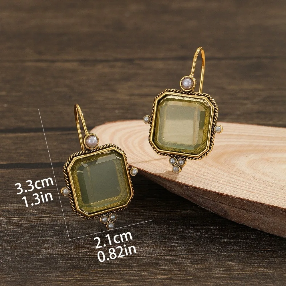 Square Shape Dangle Earrings Green Color Elegant Pearl Earrings New Vintage Trend Sweet Green Zircon Earrings for Women