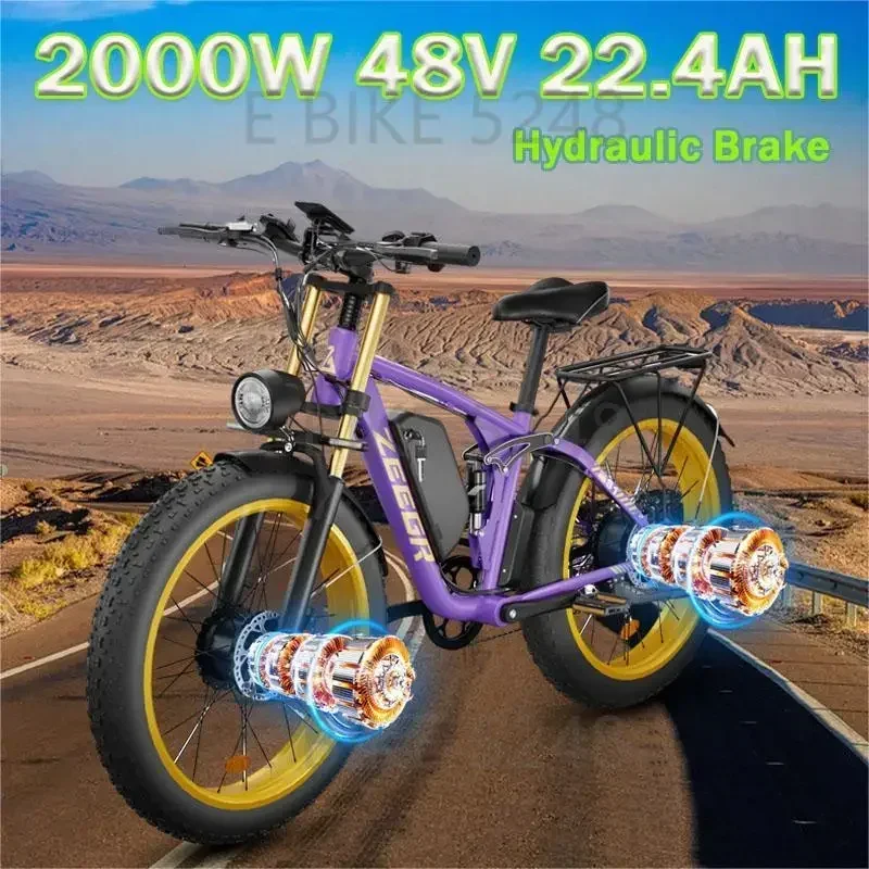 E Bike 2000W 48V 22.4AH Dual Battery Full Suspension 26inch Fat Tire Hidden Snow Beach Electric Zeegr S1