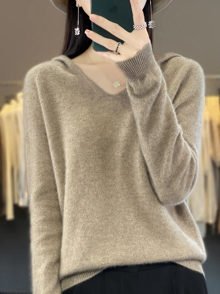 Hooded Cashmere Sweater for Women, 100% Merino Wool, Hooded Pullover, V-Neck Top, Women's Clothing Base, Winter and Autumn