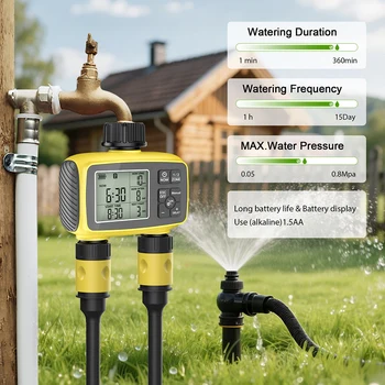 Large Screen Display Garden Irrigation Timer 2 Outlets Smart Water Timer Irrigation Control System Timed Water Value IPX5 1