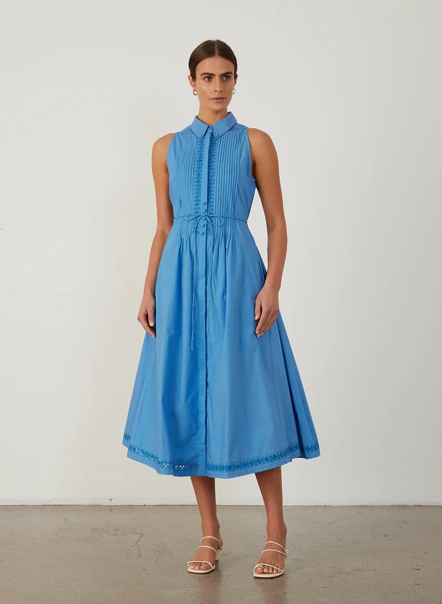 

Женское хлопковое длинное платье без рукавов с отложным воротником