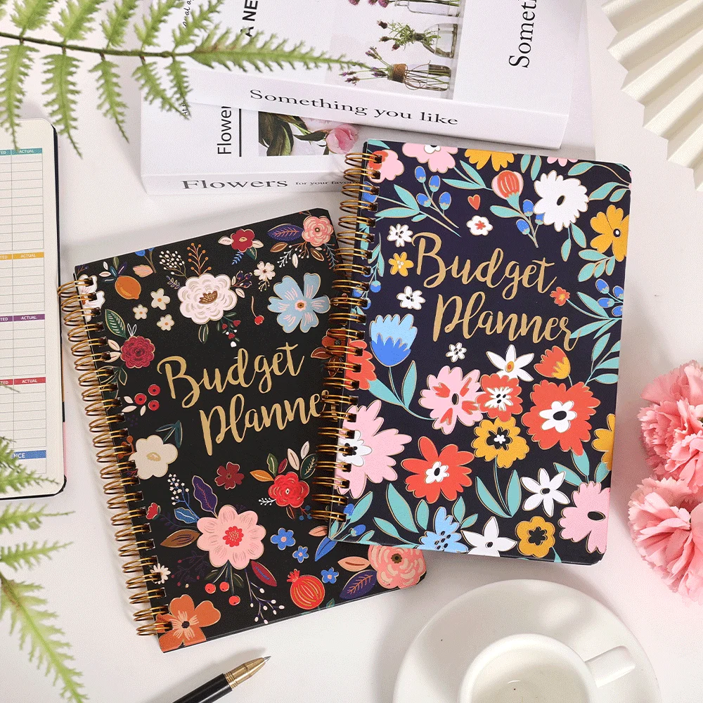 Retro Flower Undated Budget Planner - 50 Sheets Monthly Finance Book with Cardboard Cover