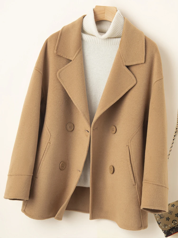 Autumn and Winter New 100% Pure Wool Double sided Coat Women's Medium Fit Suit Collar Fashion Trend Solid Color Coat Top