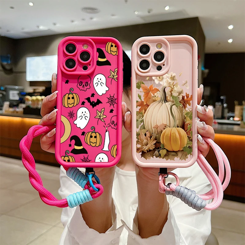 Halloween Pumpkin Ghost Design Soft Lanyard Rope Silicone Phone Case