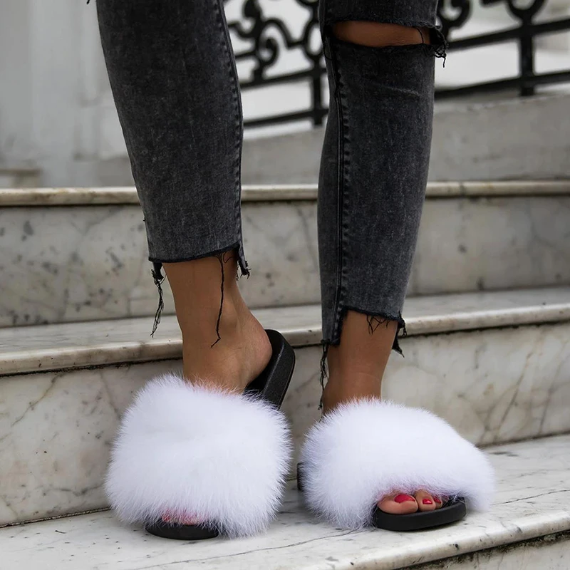 Summer Fluffy Ball Slides Slippers Women Fur Ladies Plush Slippers Indoor