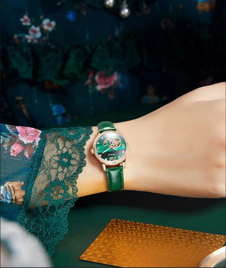 Luxus Automatische Skelett Mechanische Uhr Damen Uhr Hochwertige Wasserdichte Diamant Grüne Uhr Leuchtende Uhr_voghion.com