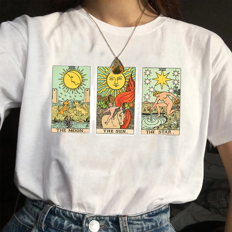 Sonne Mond Stern Tarot Karten Grafik T-Shirt Vintage Mode Damen süße ästhetische lässig gedruckt T-Shirt Hipster Hexe Shirt