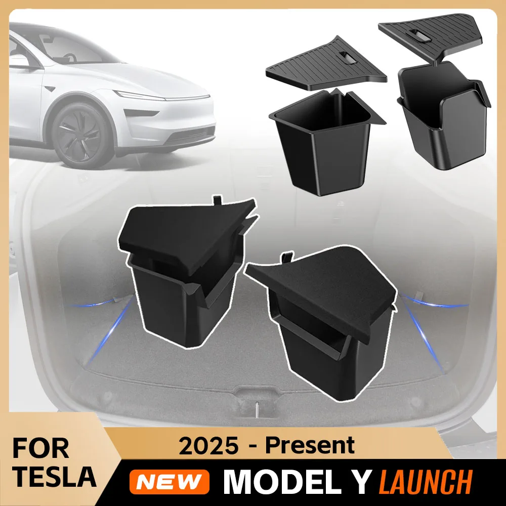 For Tesla Model Y Juniper 2025 Rear Trunk Side Storage Box Cargo Organizer TPE Bin Box Flocking Mat Partition Board Accessories