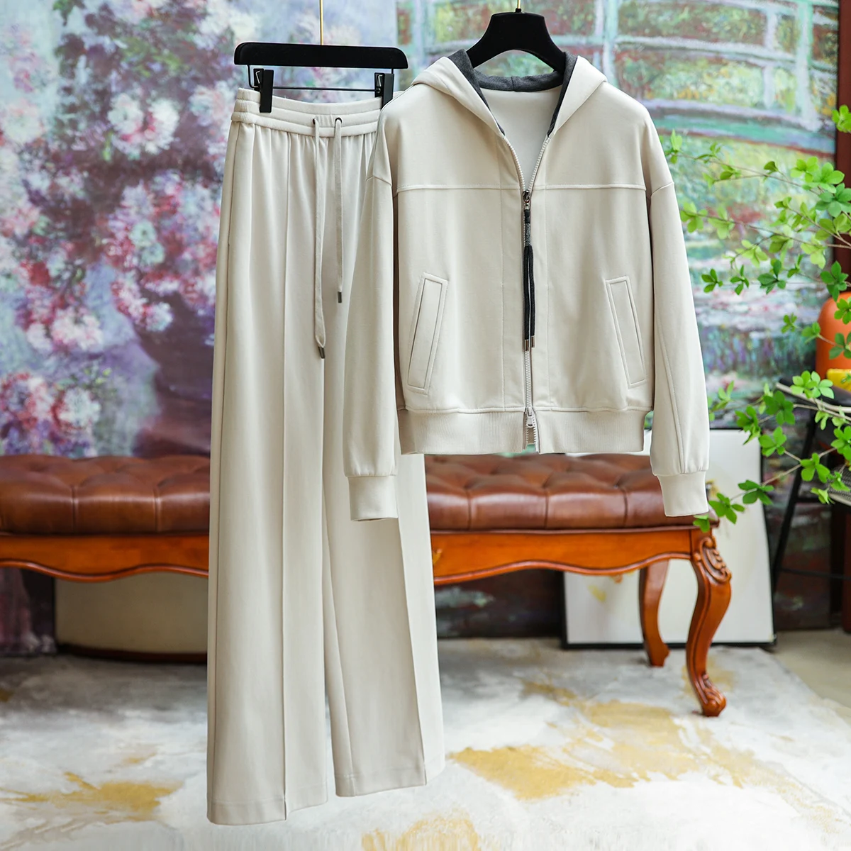 

High Quality Cotton Streetwear Casual Pant Sets Hooded Sweatshirt Women's Tracksuit +Casual Wide Leg Trouser Set Female Clothing