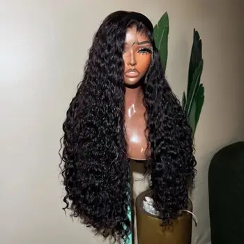 Long Deep Wave Black Color Synthetic 13X4 HD Lace Frontal Wig For Black Women Prepucked Bleach Knots Glueless Wig Daily Party